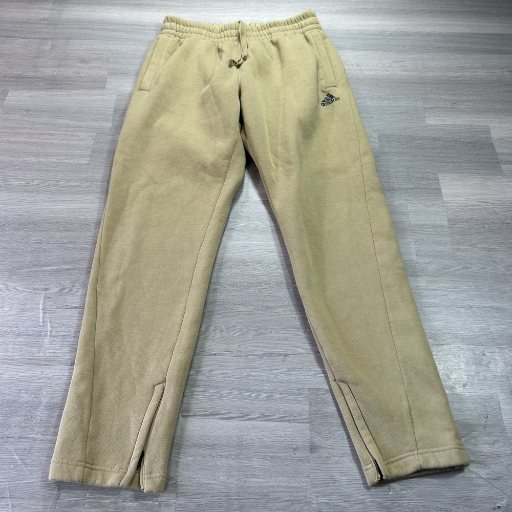 Adidas Sweatpants Mens Medium Beige Fleece Zip Hem Elastic Waist Pockets HF2211